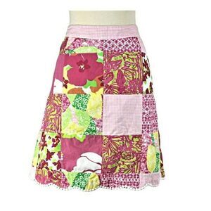 Lilly Pulitzer Skirt Patchwork Cottagecore Scalloped Edge Pompom Trim Pink Sz 6